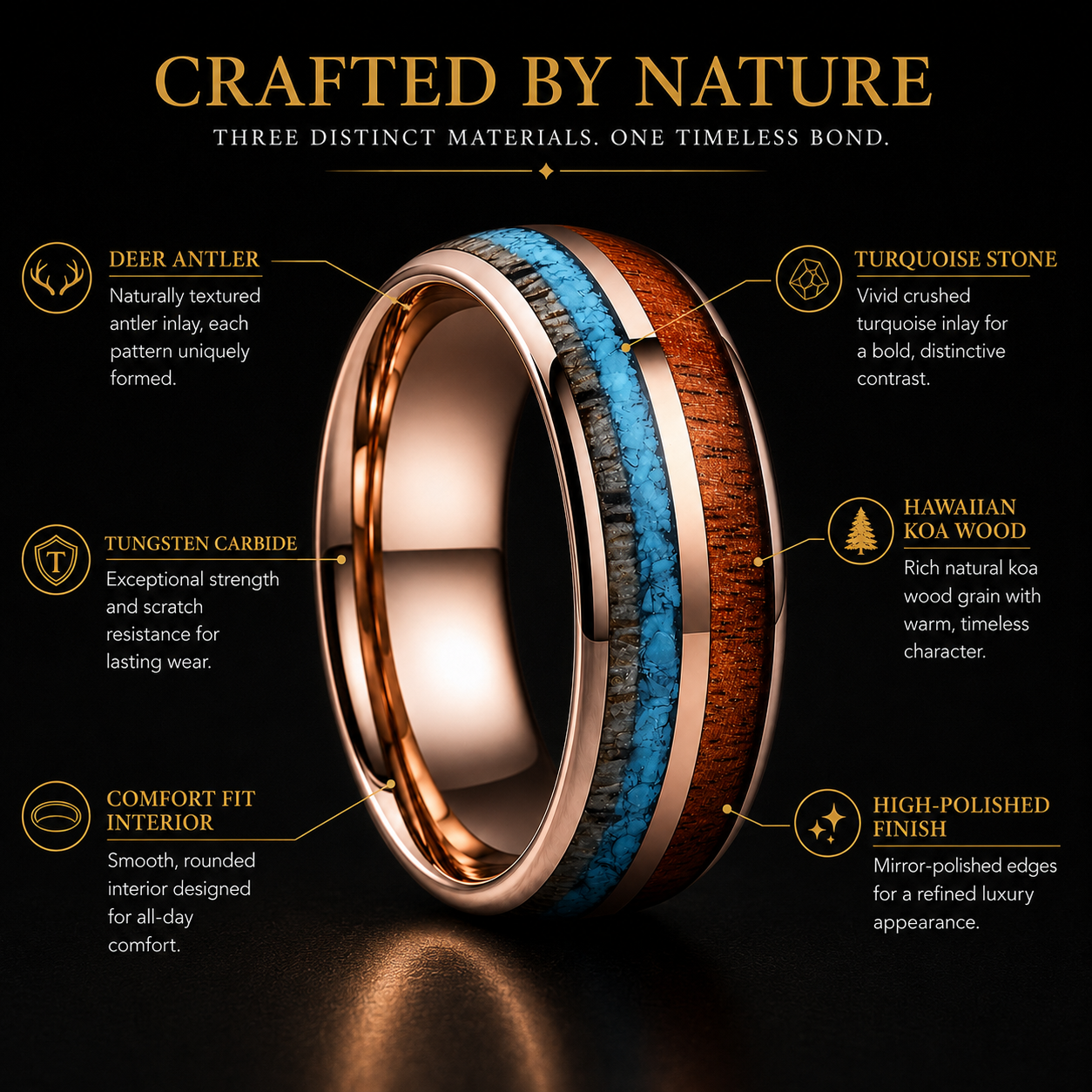 Deer Antler. Turquoise. Koa Wood Tungsten ring.