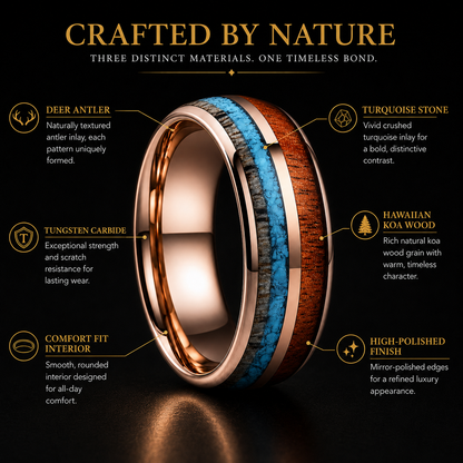 Deer Antler. Turquoise. Koa Wood Tungsten ring.