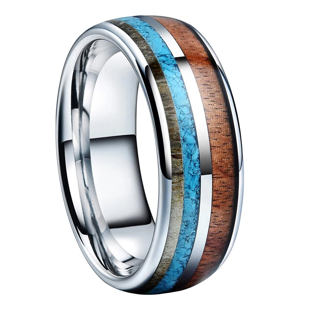 Deer Antler. Turquoise. Koa Wood Tungsten ring.