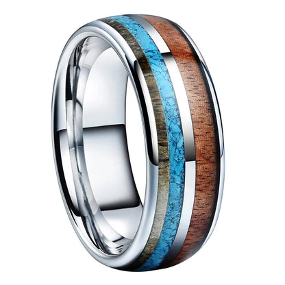Deer Antler. Turquoise. Koa Wood Tungsten ring.