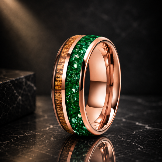 Green Crystal and Red Wood Tungsten Ring