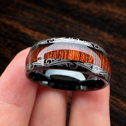 The Leafvein - Koa and Dark Red Wood Tungsten Ring
