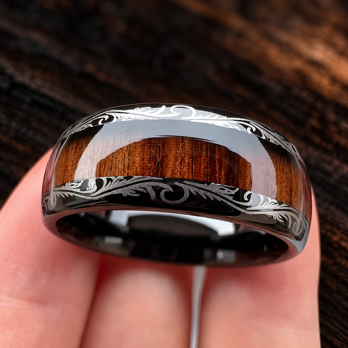 The Leafvein - Koa and Dark Red Wood Tungsten Ring