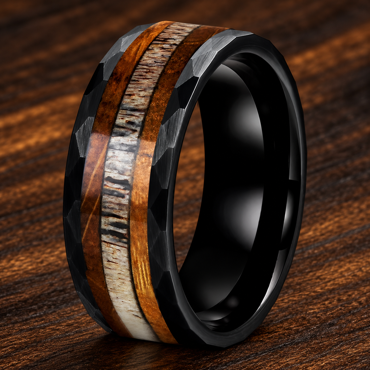 Hammered Tungsten Ring with Whiskey Wood and Antler Inlay