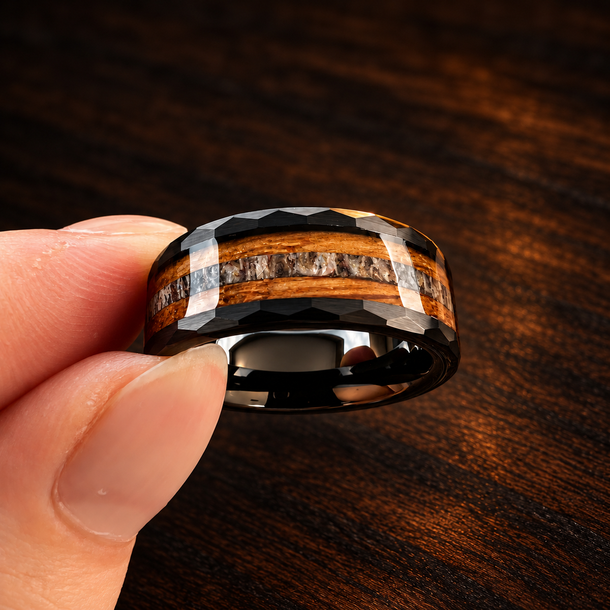 Hammered Tungsten Ring with Whiskey Wood and Antler Inlay