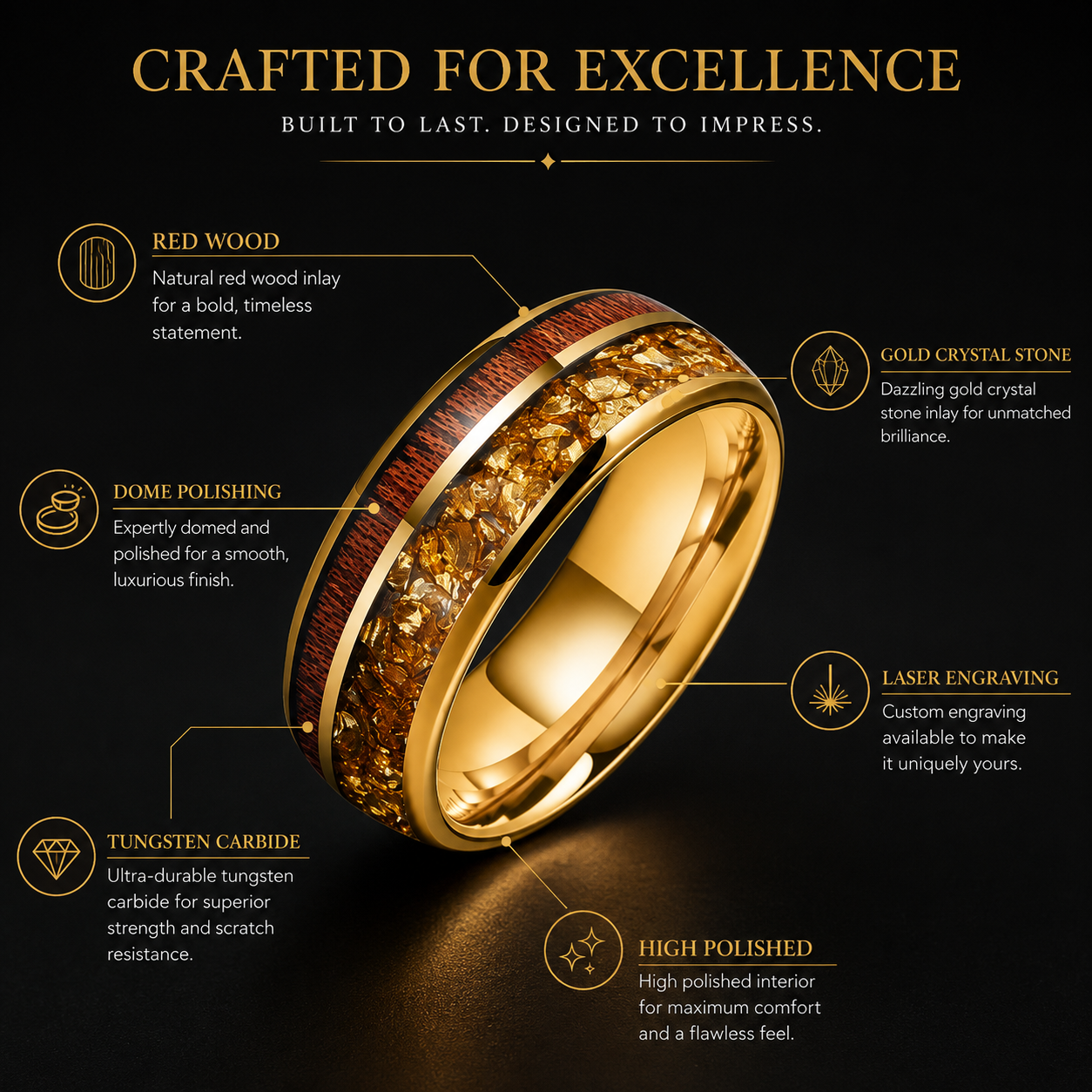 Gold Crystal and Red Wood Tungsten Ring