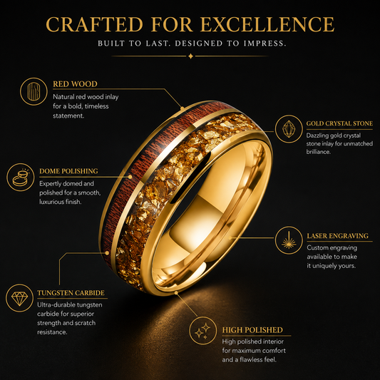 Gold Crystal and Red Wood Tungsten Ring