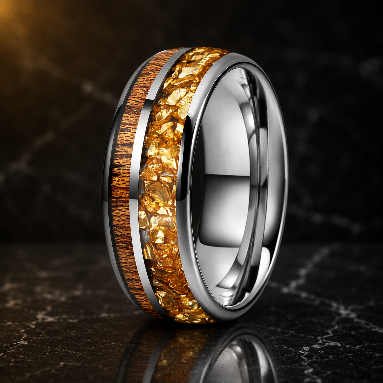 Gold Crystal and Red Wood Tungsten Ring