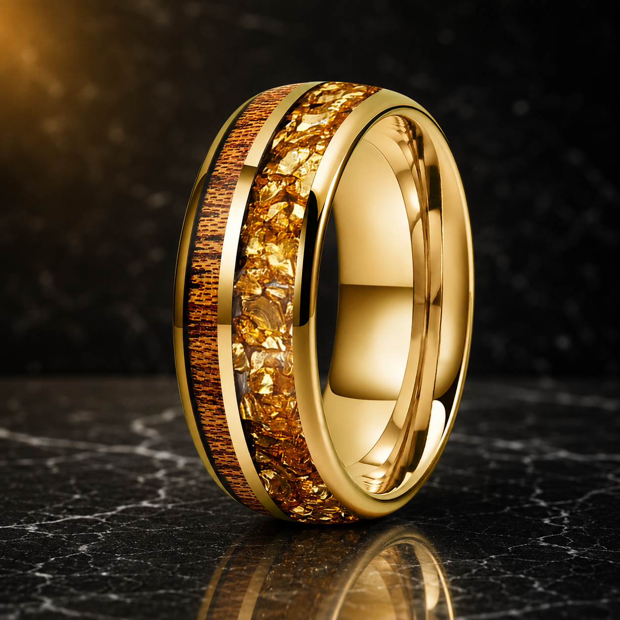 Gold Crystal and Red Wood Tungsten Ring