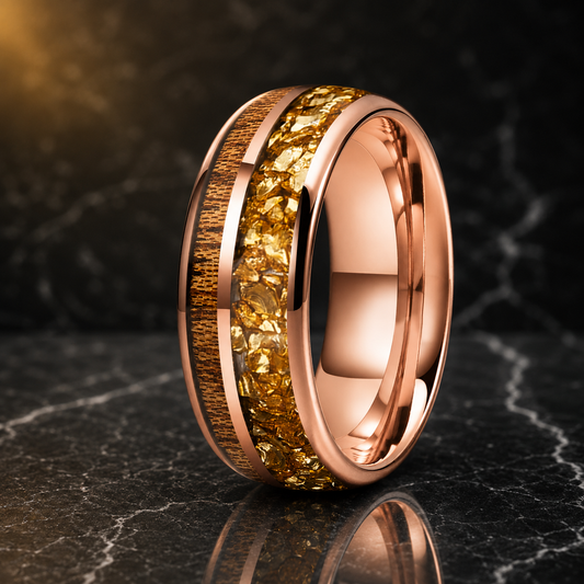 Gold Crystal and Red Wood Tungsten Ring