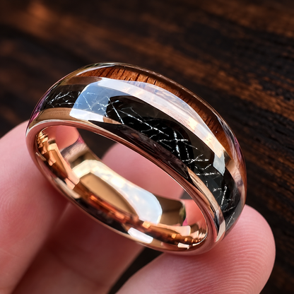 The Meteorkoa - Koa Wood and Black Meteorite Tungsten Ring