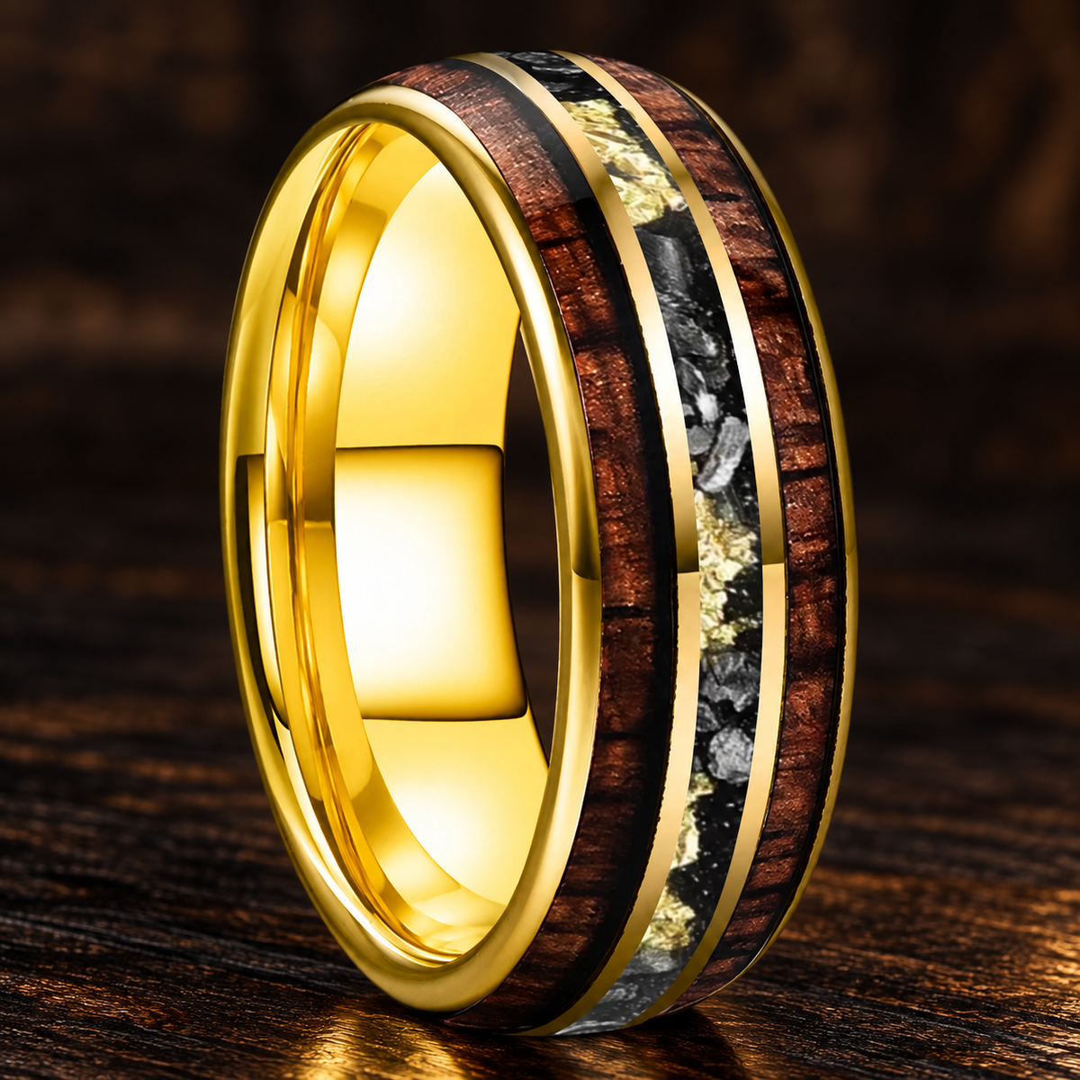 Hawaiian Koa Wood and Meteorite Tungsten Ring with Gold Foil