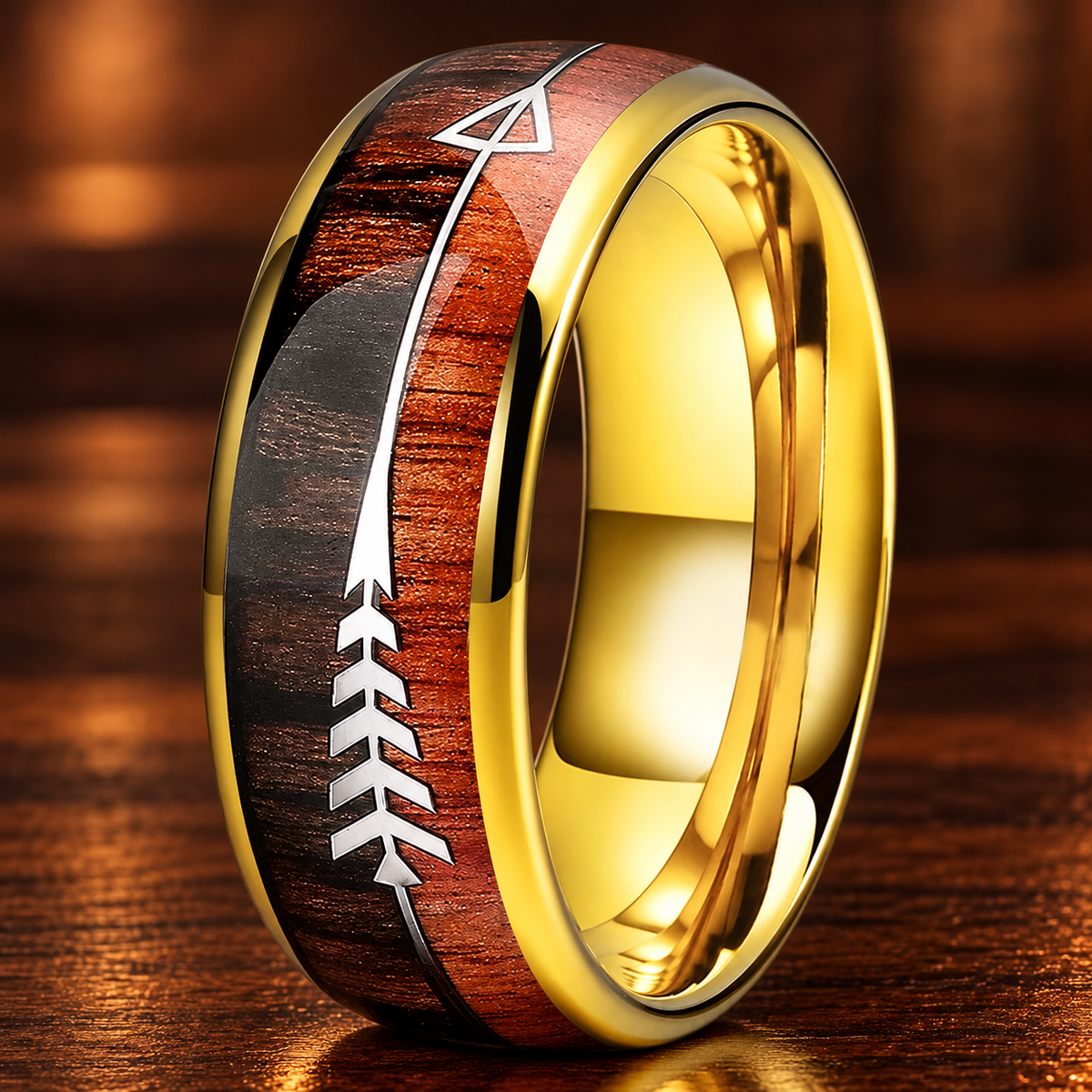 Wood and Arrow Inlay Tungsten Ring