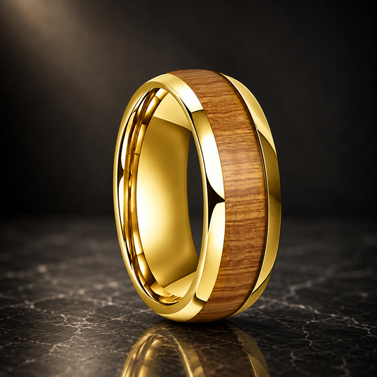Yellow Peach Wood Tungsten Ring
