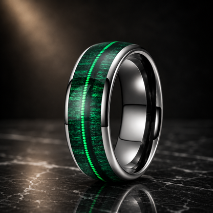 Green Wood and Guitar String Tungsten Ring