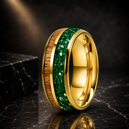 Green Crystal and Red Wood Tungsten Ring