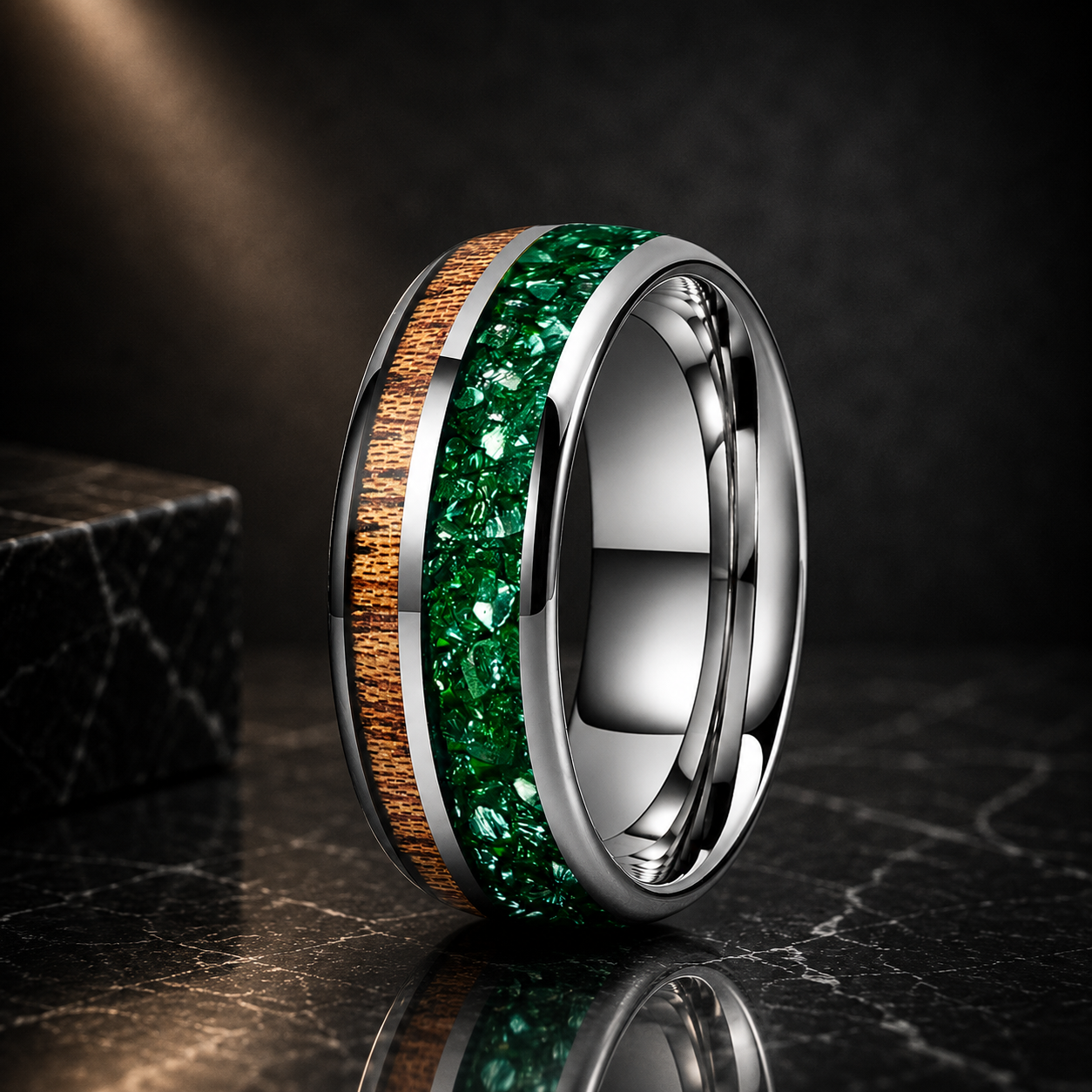Green Crystal and Red Wood Tungsten Ring