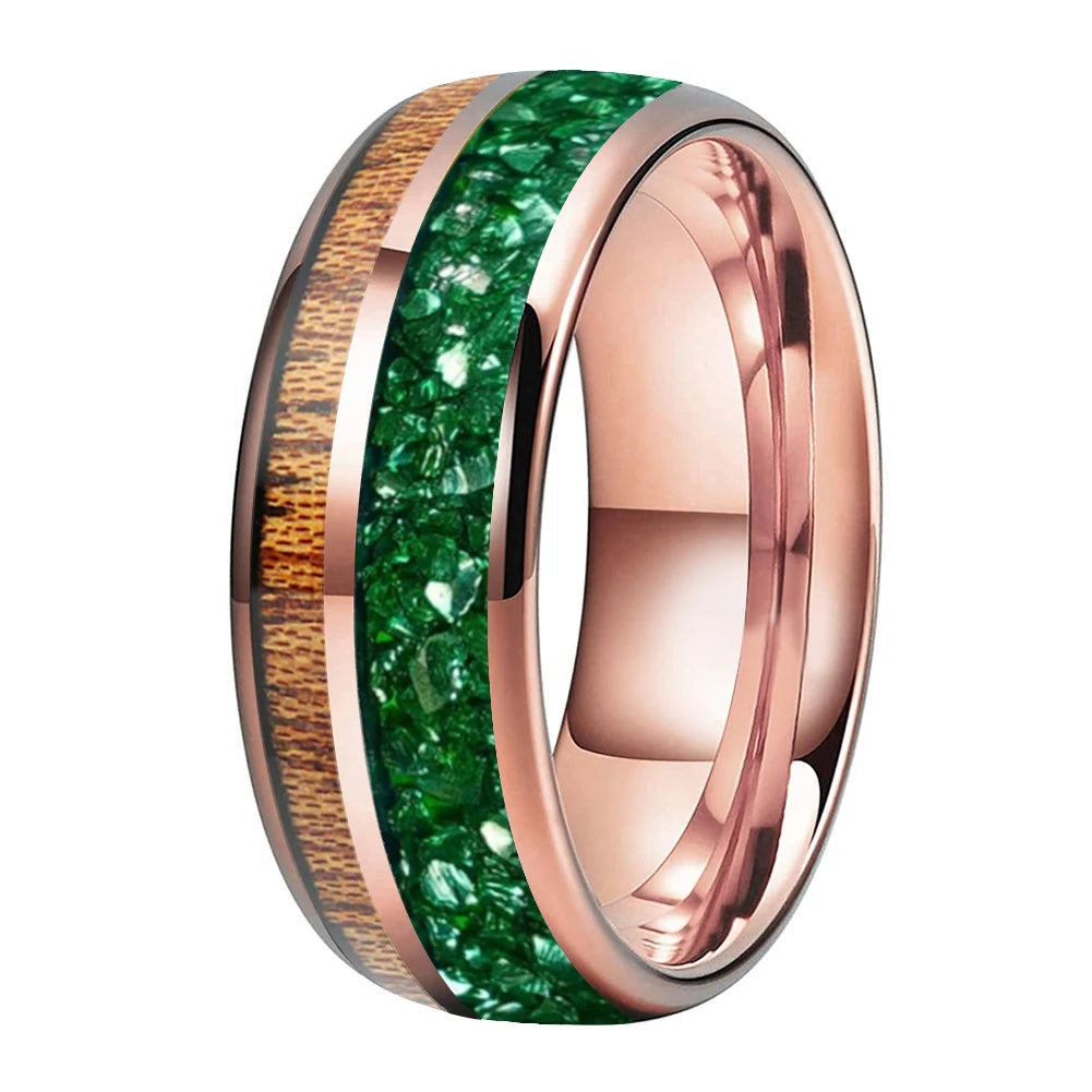 Green Crystal and Red Wood Tungsten Ring