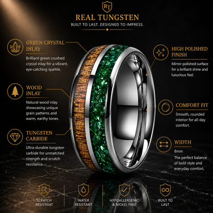 Green Crystal and Red Wood Tungsten Ring