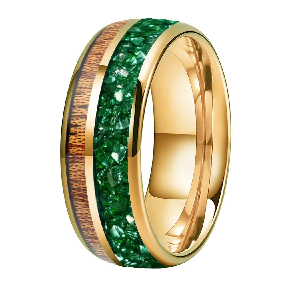Green Crystal and Red Wood Tungsten Ring