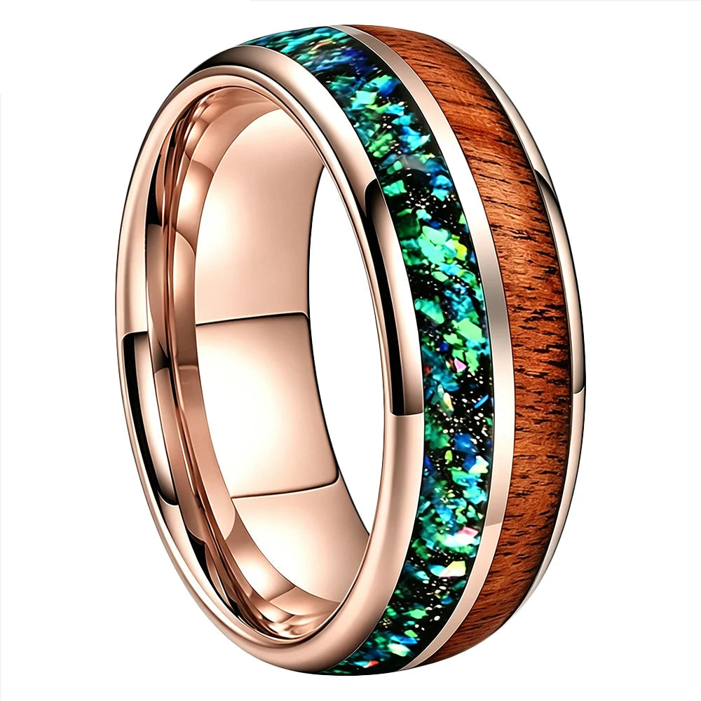 Green Opal Chip Wood Tungsten Ring