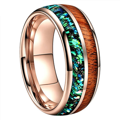Green Opal Chip Wood Tungsten Ring