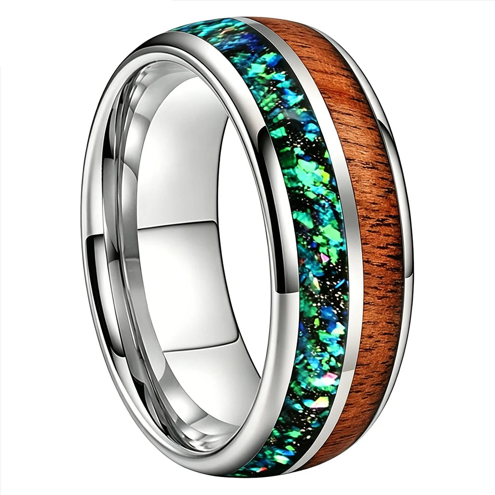Green Opal Chip Wood Tungsten Ring