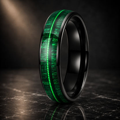 Green Wood and Guitar String Tungsten Ring
