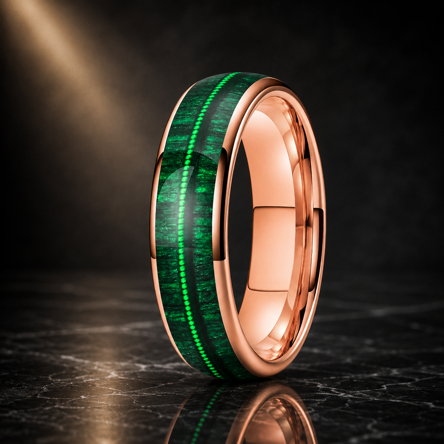 The Forestnote - Green Wood and Guitar String Tungsten Ring