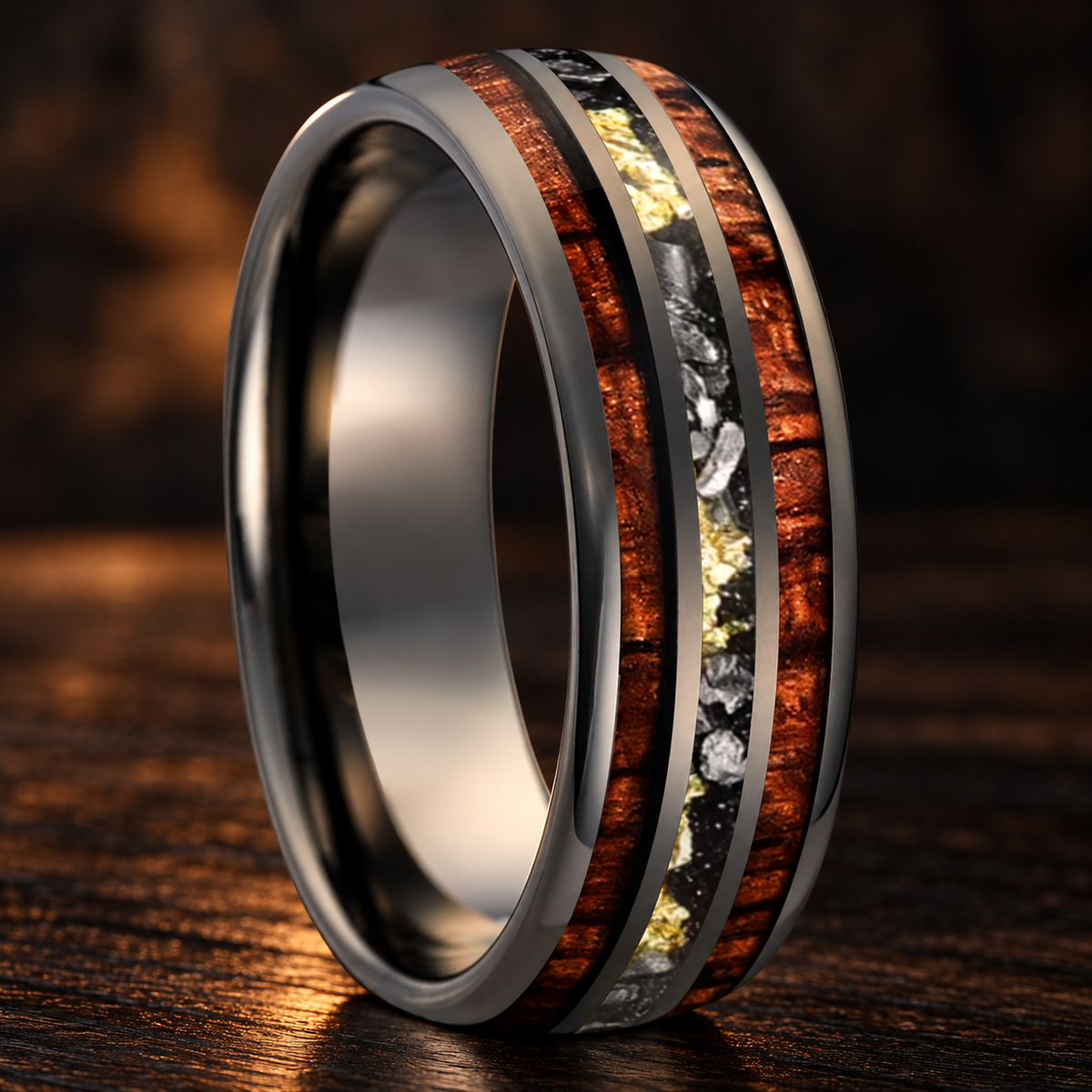 Hawaiian Koa Wood and Meteorite Tungsten Ring with Gold Foil