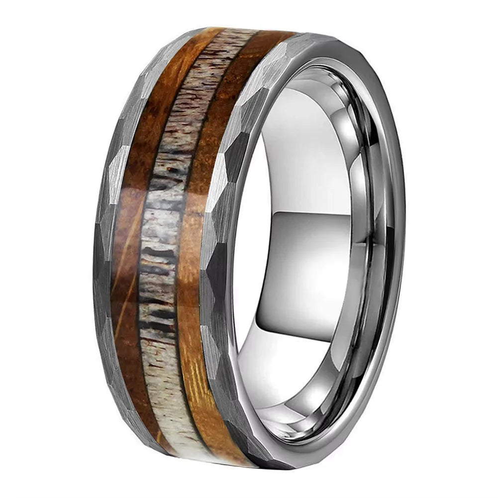 Hammered Tungsten Ring with Whiskey Wood and Antler Inlay