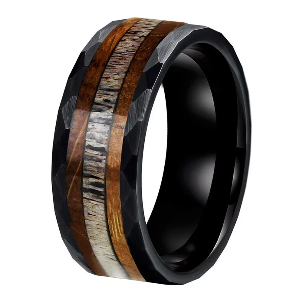 Hammered Tungsten Ring with Whiskey Wood and Antler Inlay