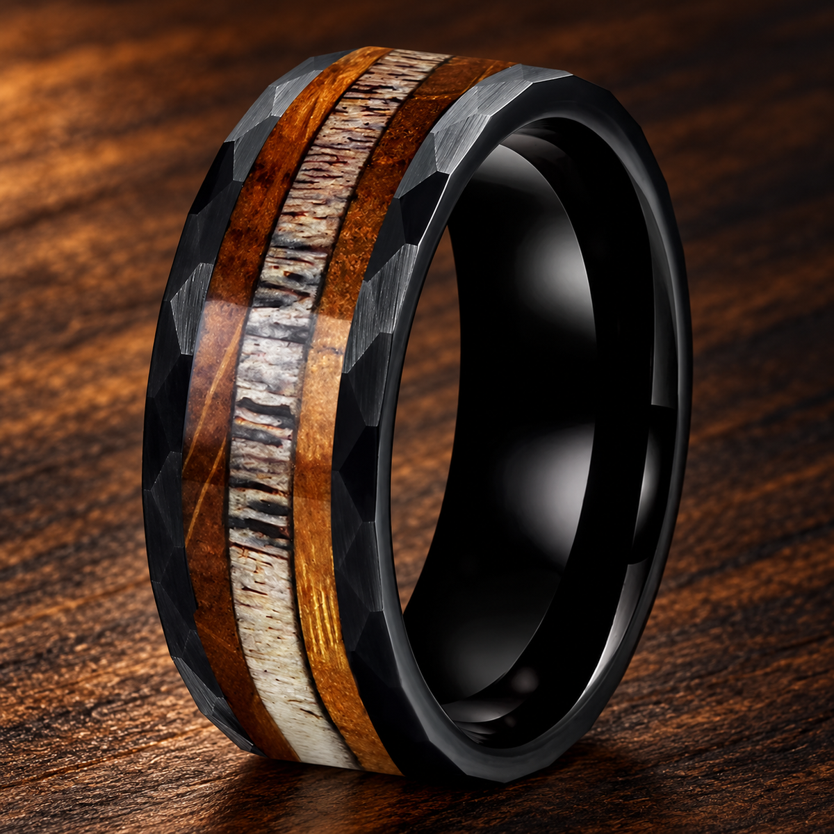 Hammered Tungsten Ring with Whiskey Wood and Antler Inlay