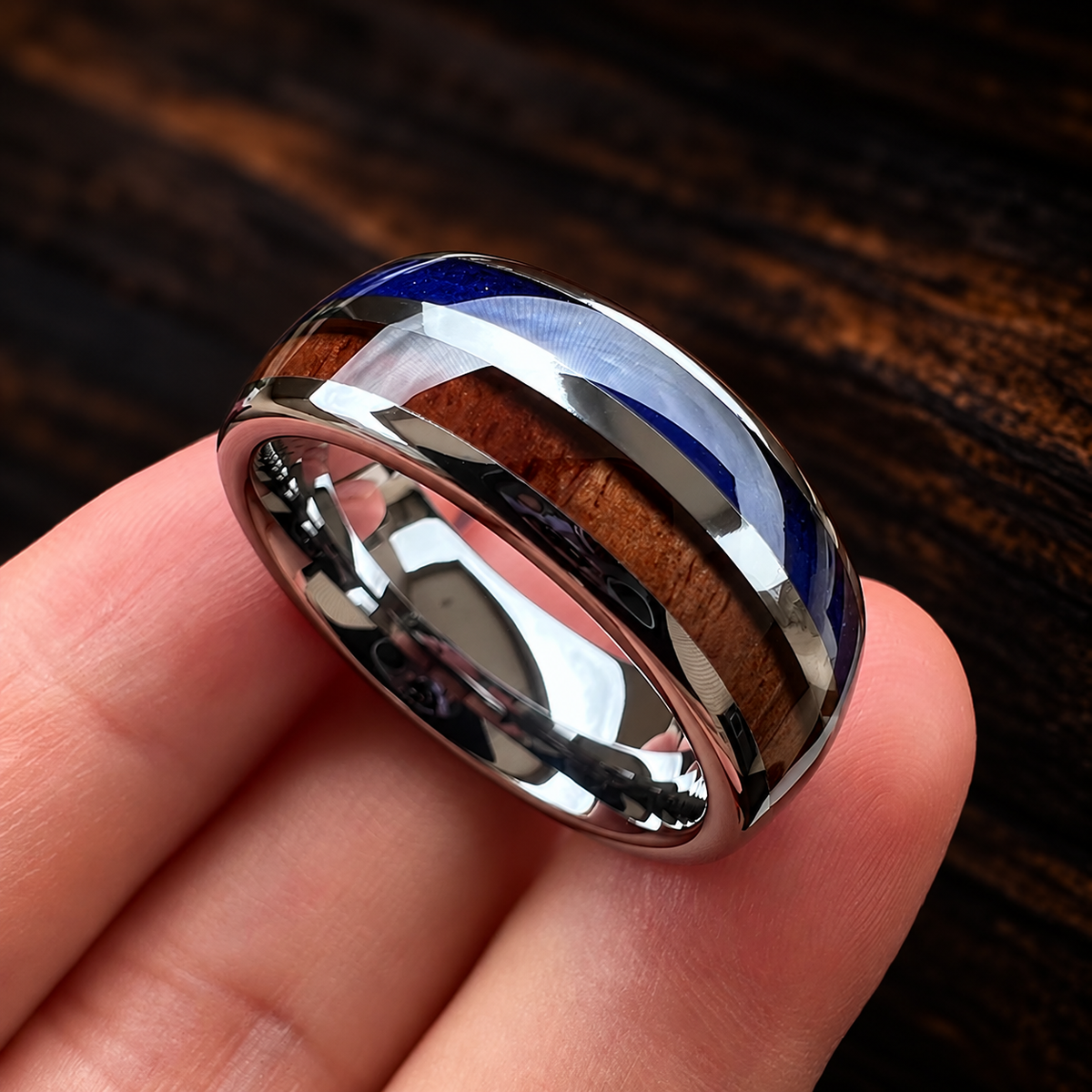 The Lapiswood — Blue Lapis and Koa Wood Tungsten Ring