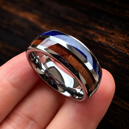 The Lapiswood — Blue Lapis and Koa Wood Tungsten Ring