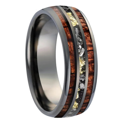 Hawaiian Koa Wood and Meteorite Tungsten Ring with Gold Foil