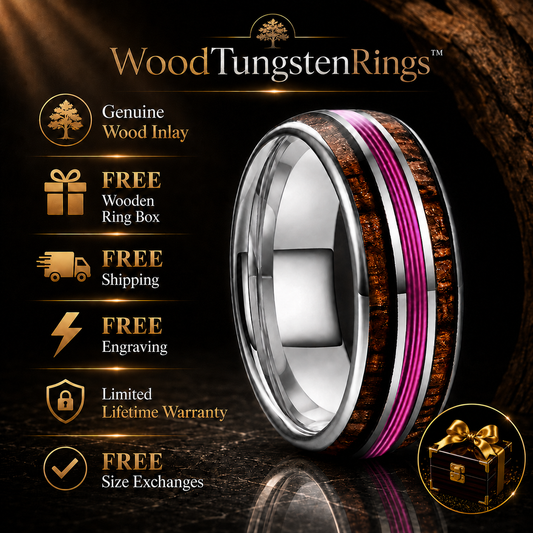 Hawaiian Koa Wood. Purple Guitar String Tungsten ring.
