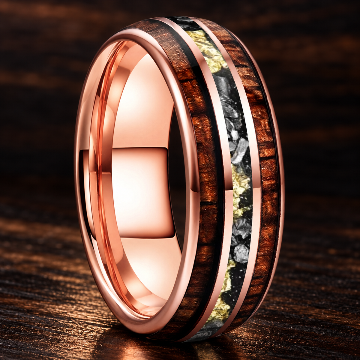 Hawaiian Koa Wood and Meteorite Tungsten Ring with Gold Foil
