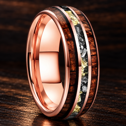 Hawaiian Koa Wood and Meteorite Tungsten Ring with Gold Foil