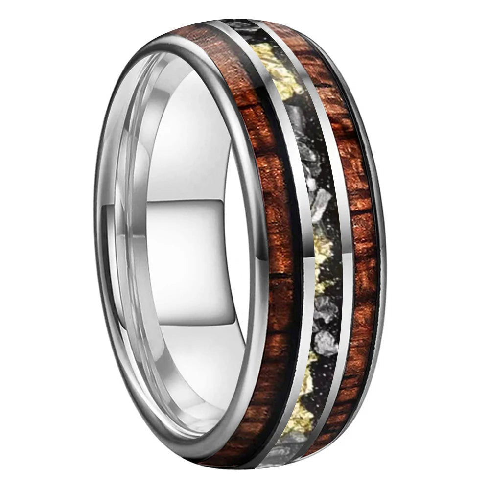 Hawaiian Koa Wood and Meteorite Tungsten Ring with Gold Foil