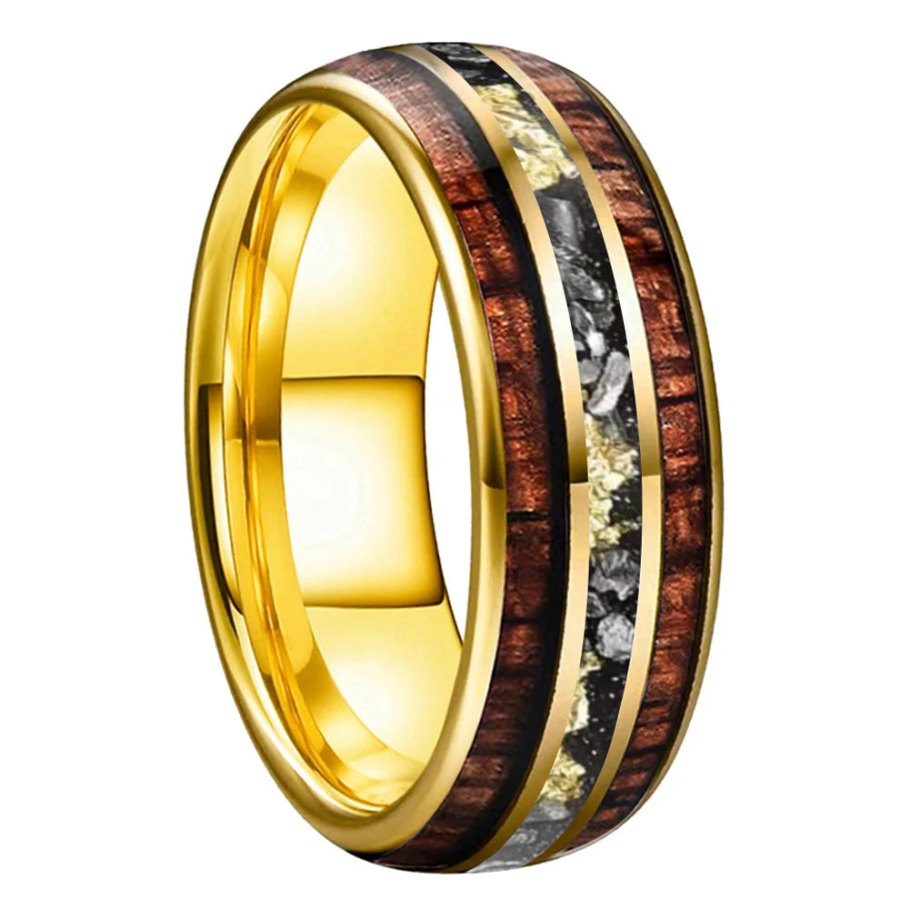 Hawaiian Koa Wood and Meteorite Tungsten Ring with Gold Foil