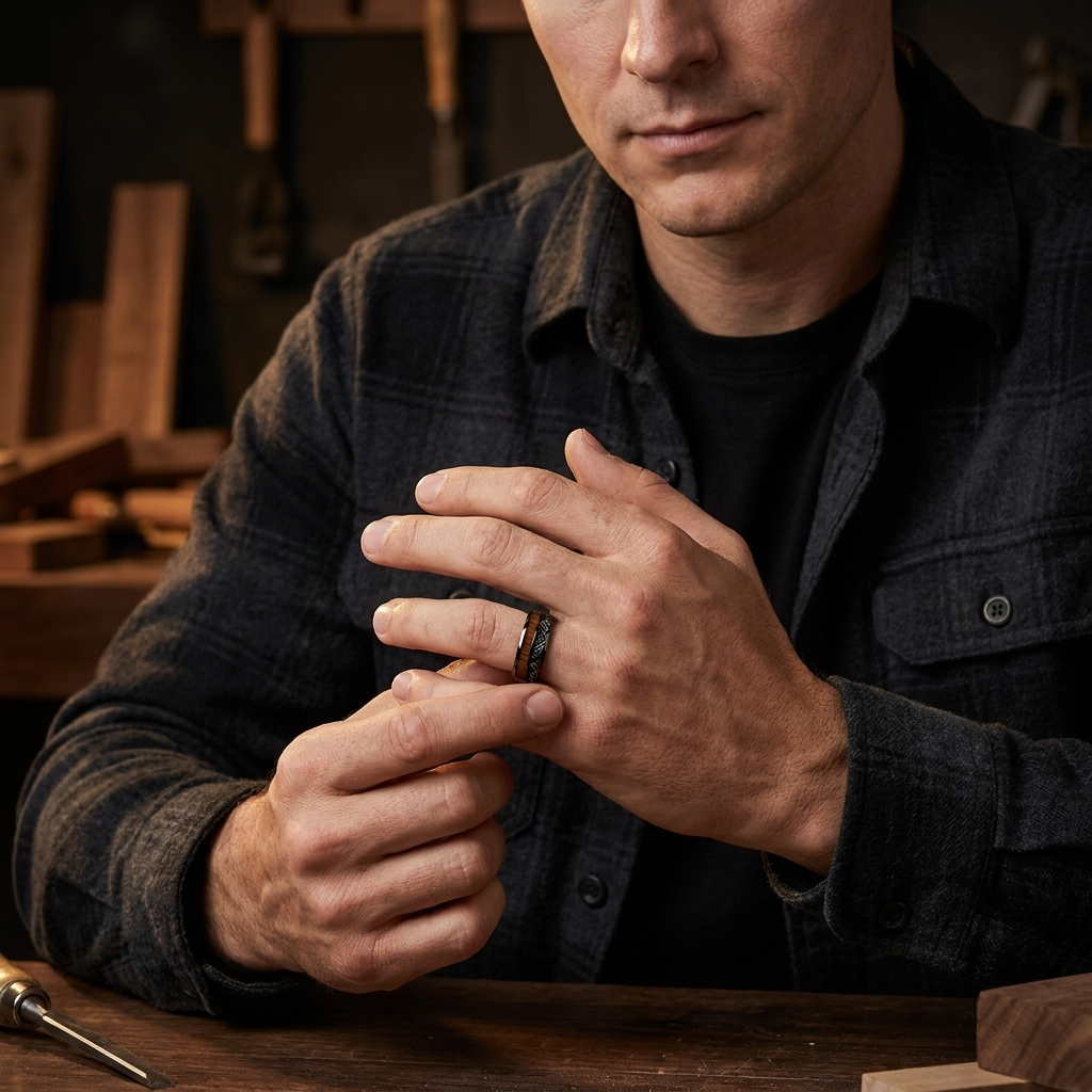 Koa Wood and Black Meteorite Tungsten Ring