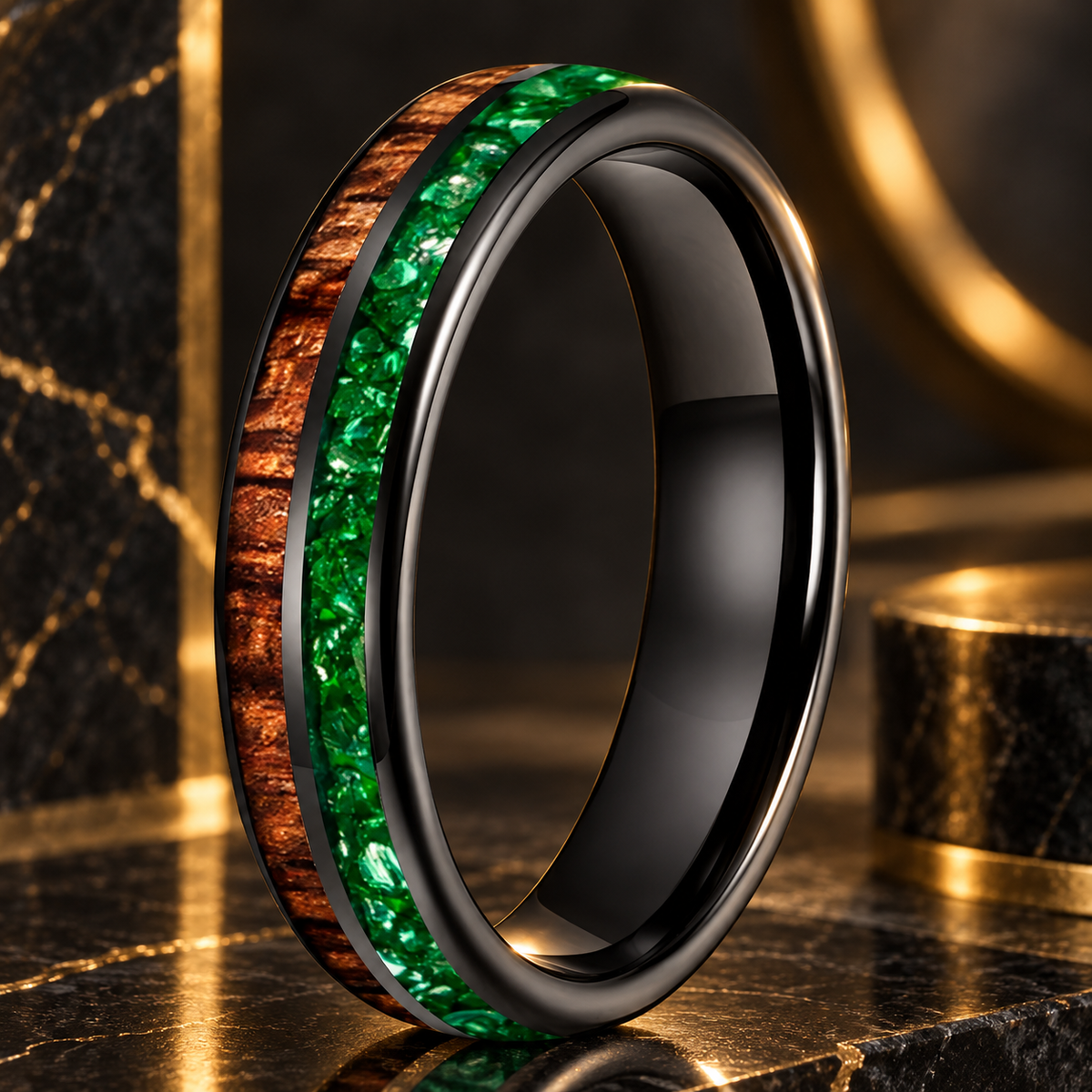 Koa Wood and Green Crystal Tungsten Ring