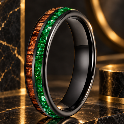 Koa Wood and Green Crystal Tungsten Ring