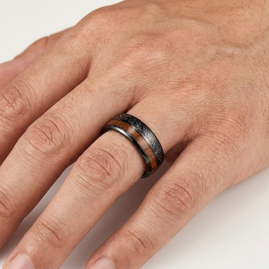 Koa Wood and Black Meteorite Tungsten Ring