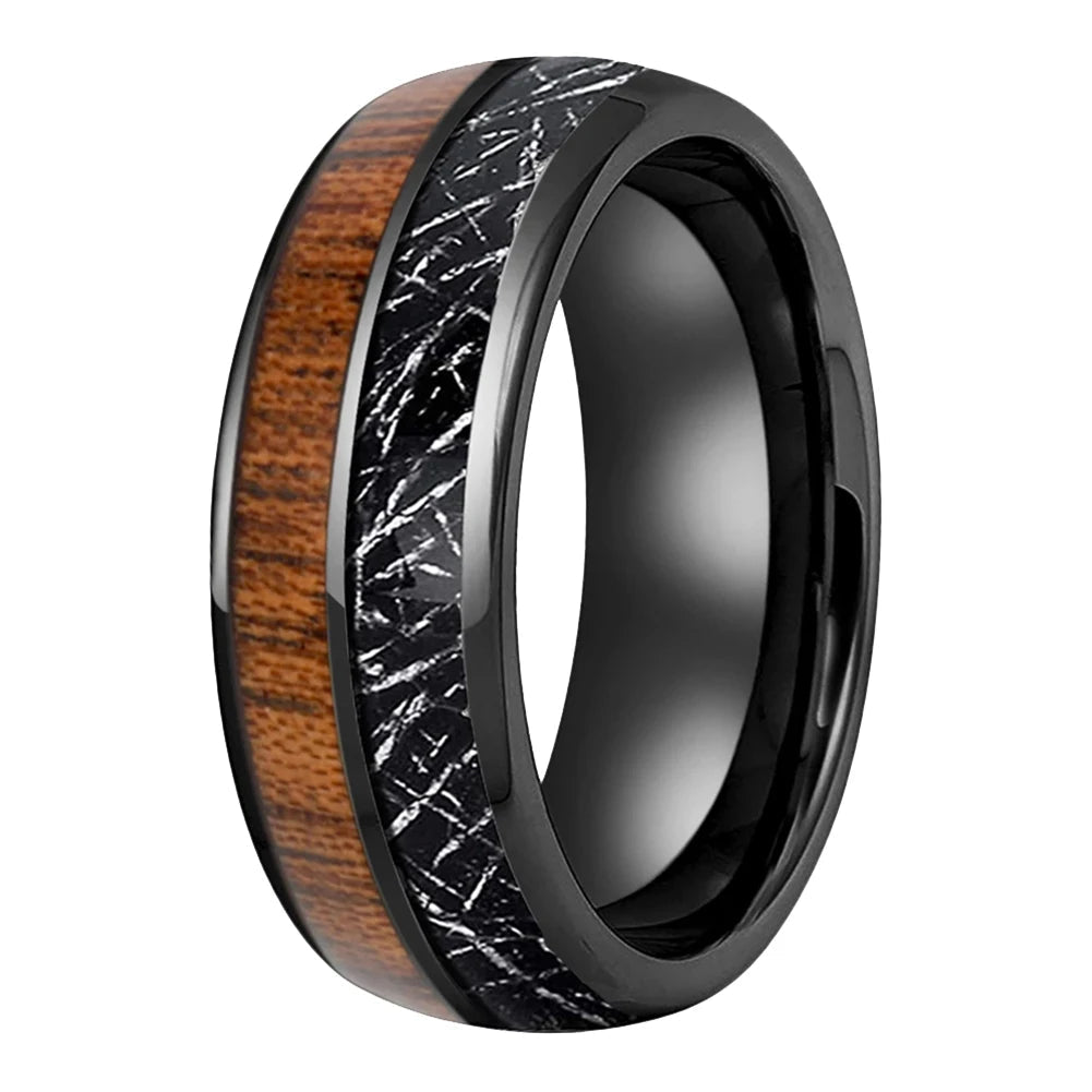 Koa Wood and Black Meteorite Tungsten Ring