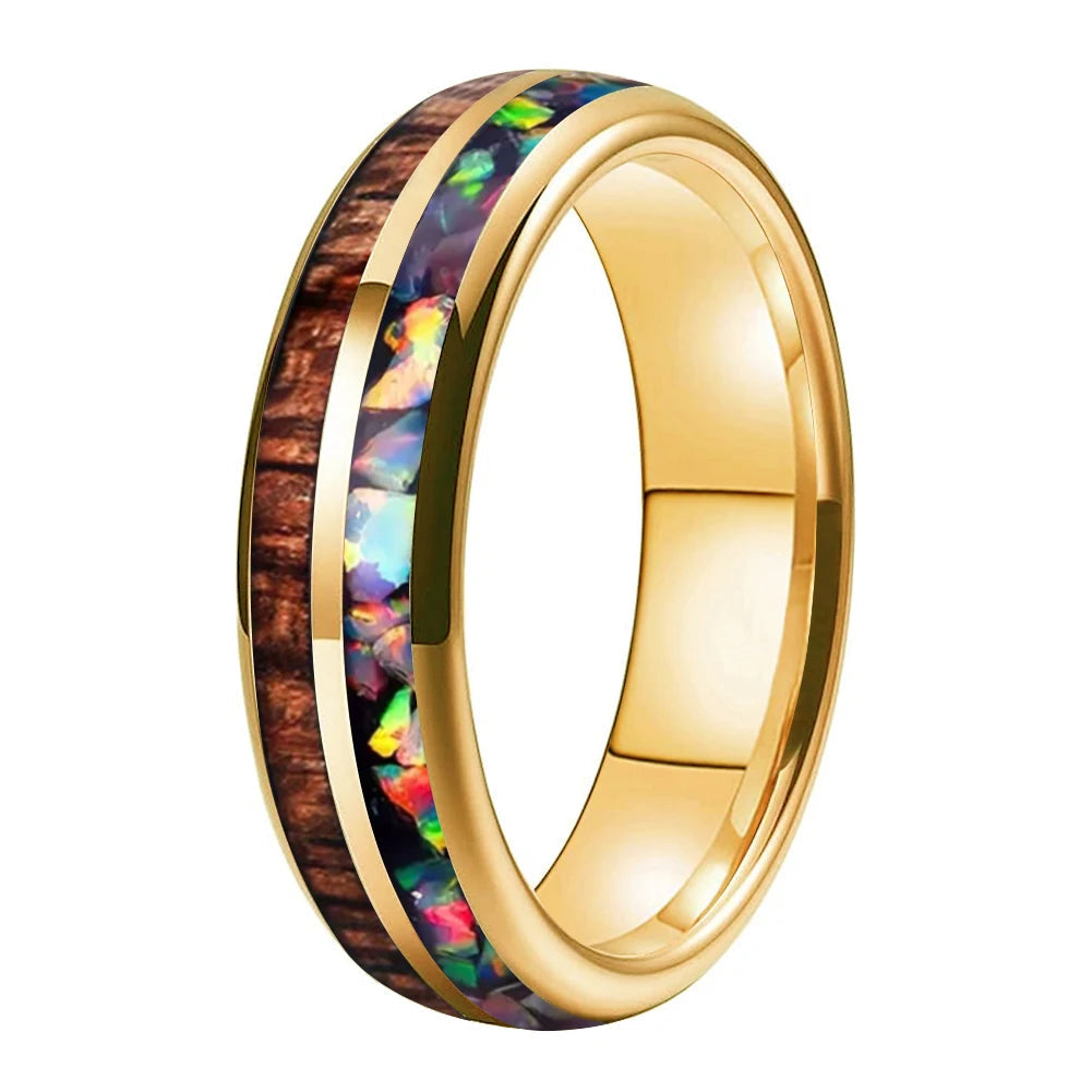 Koa Wood and Fire Opal Tungsten Ring
