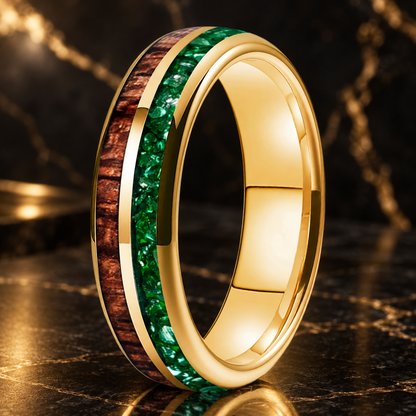 Koa Wood and Green Crystal Tungsten Ring