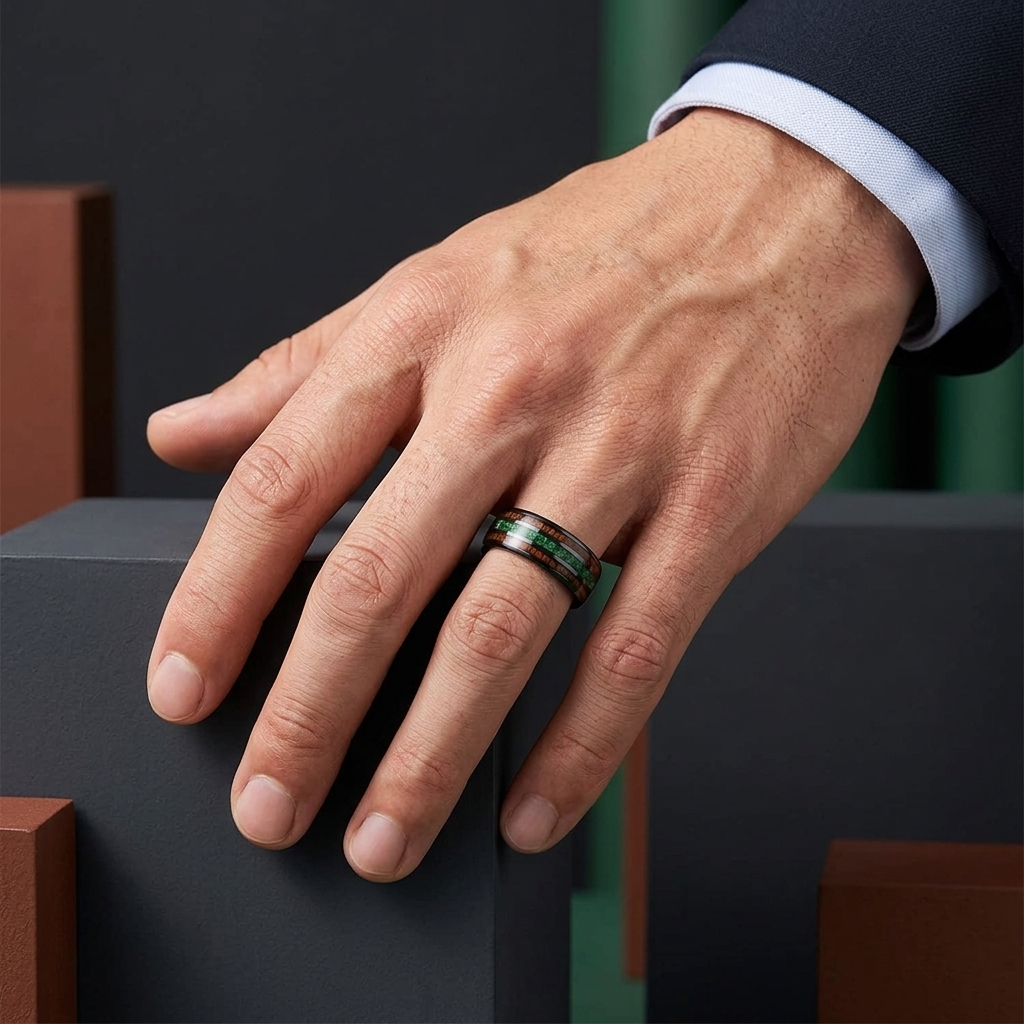 Koa Wood and Moss Agate Tungsten Ring