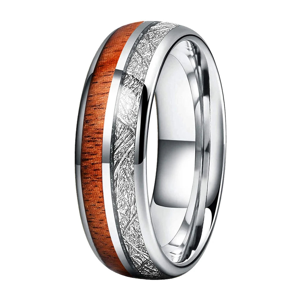 Koa Wood and White Meteorite Tungsten Ring